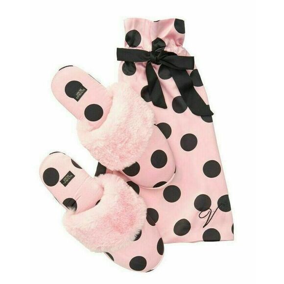 NWT  M (7-8) VICTORIA'S SECRET PINK-BLACK POLKA DOTS SATIN SLIPPERS & BAG - Picture 1 of 12